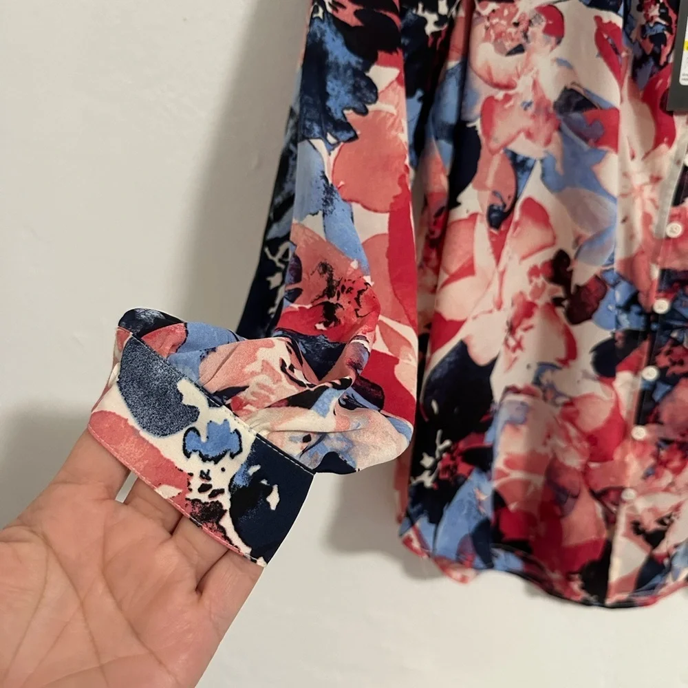 Jones New York Petite Printed Ruffled Peasant Blouse, Size PM NWT‎